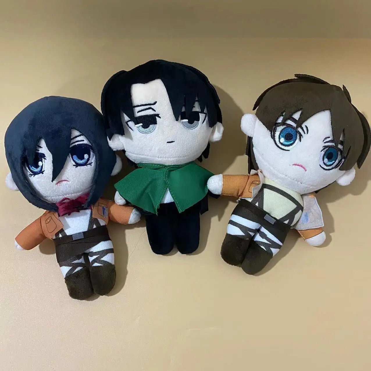 Attack on Titan Plushies – Eren Yeager, Mikasa Ackerman & Levi Ackerman 20cm Soft Anime Dolls AOT - ZenAnimeMarket
