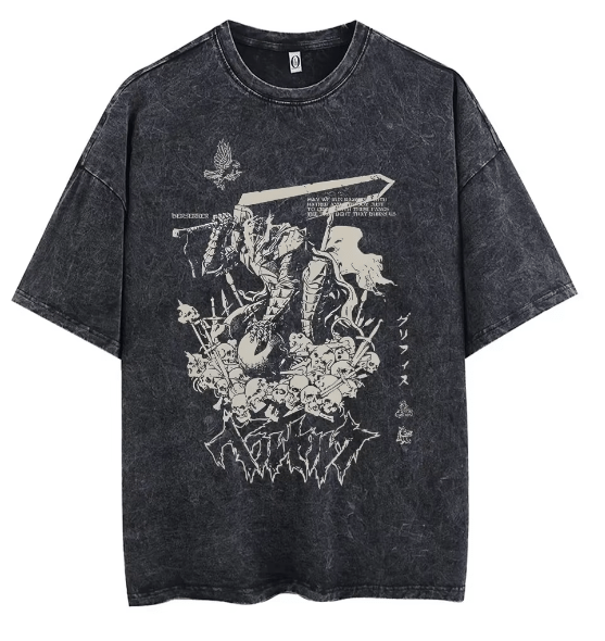 Berserk Guts Unisex T-Shirt Acid Wash Streetwear HipHop Graphic Tee - ZenAnimeMarket