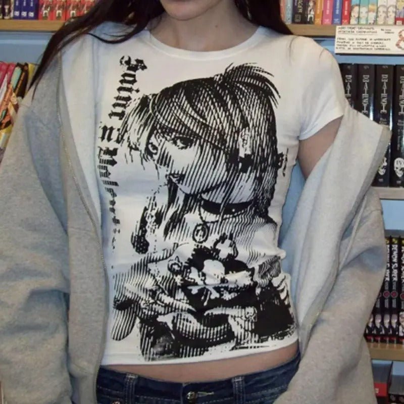 Death Note Misa Amane Y2K Streetwear Women's Vintage Crop Tee White T-Shirt - ZenAnimeMarket